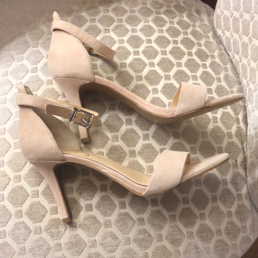 Creme open toe ankle strap heels